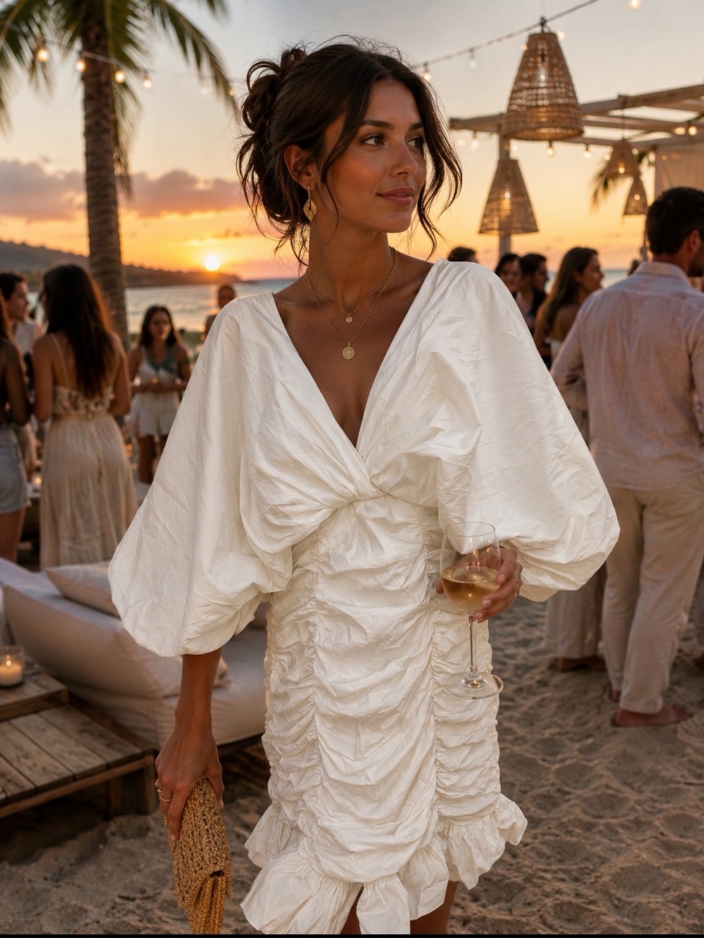 Fashion Nova White Ruched Mini Dress with Balloon Sleeves size xl